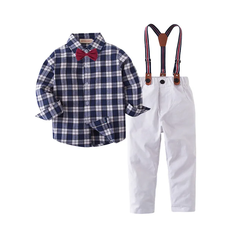 2 Pieces Set Baby Kid Boys Birthday Party Striped Checked Star Bow Shirts And Solid Color Jumpsuits Wholesale 220616114