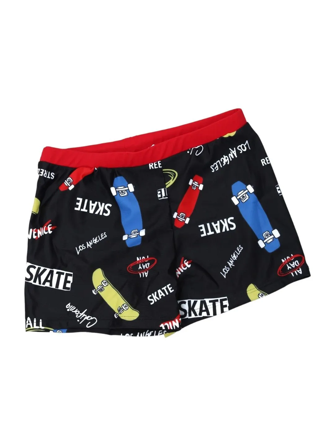 Black Skateboard-Themed Swim Shorts with Bold Red Accent