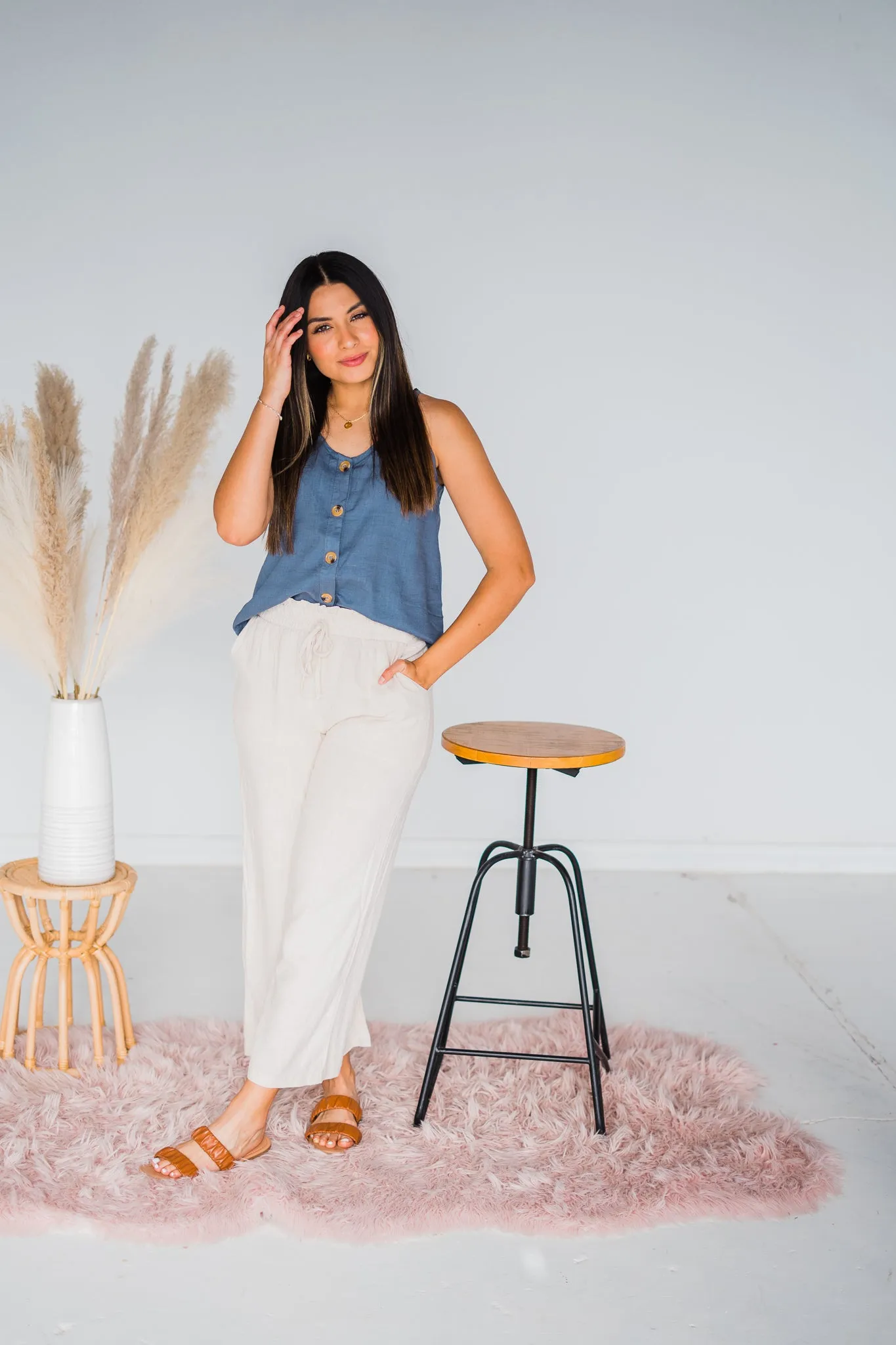 Essential Button Front Tank in Chambray
