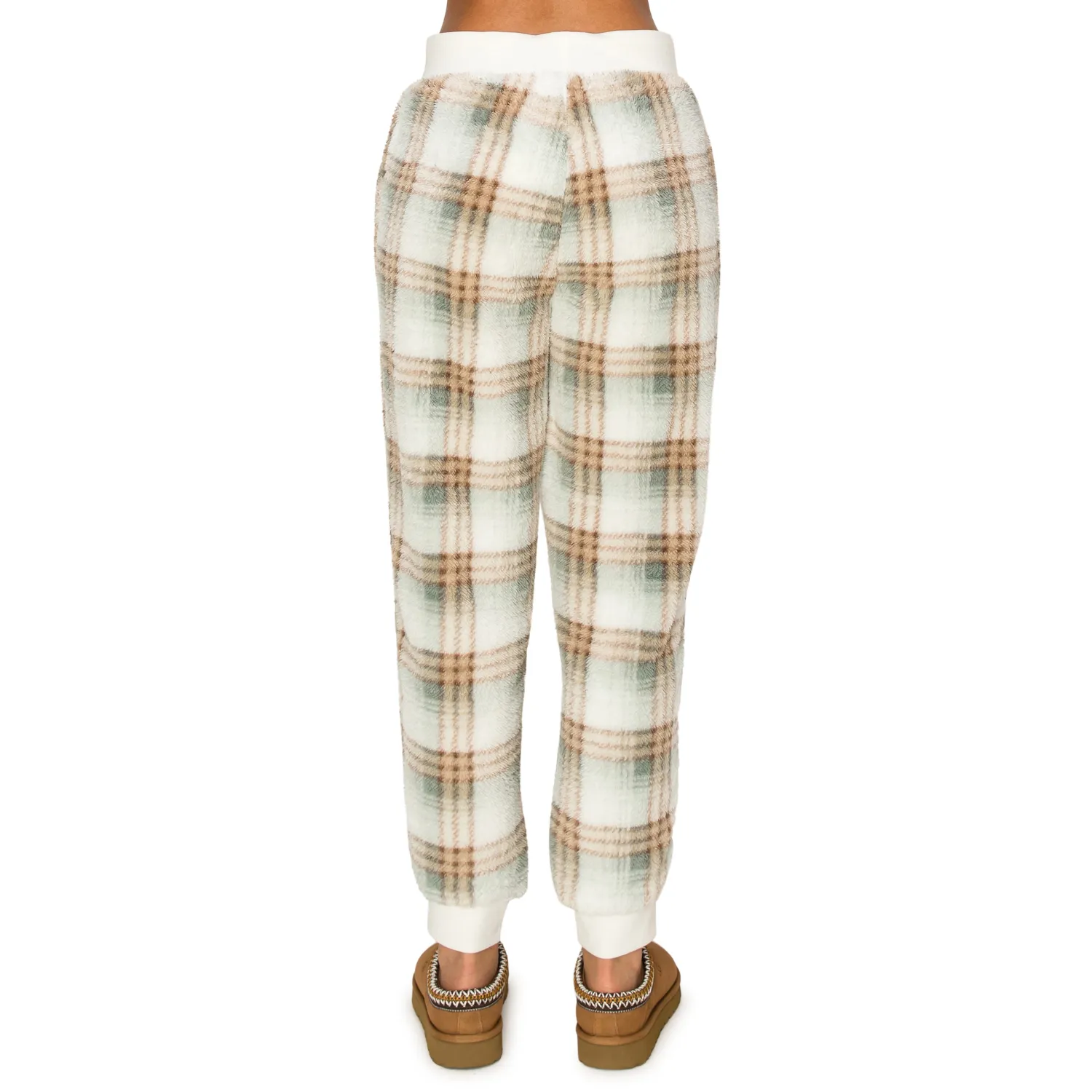 Sherpa Plaid Joggers Sweatpants - Sage Neutral